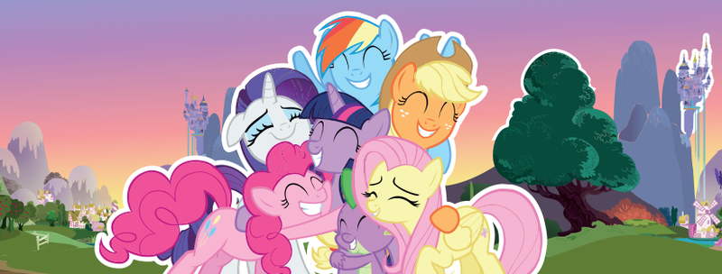 Size: 828x315 | Tagged: safe, derpibooru import, applejack, fluttershy, pinkie pie, rainbow dash, rarity, spike, twilight sparkle, alicorn, dragon, mane seven, mane six, official, twilight sparkle (alicorn)