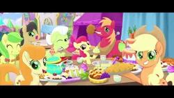 Size: 1280x720 | Tagged: apple, apple bloom, apple family, apple family member, apple fritter, applejack, apple pie, big macintosh, caramel apple, derpibooru import, festival of friendship, food, granny smith, my little pony: the movie, pie, safe, screencap, youtube link