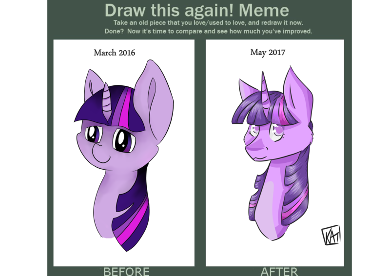 Size: 4093x2894 | Tagged: safe, artist:cluelesstuna, derpibooru import, twilight sparkle, pony, bust, comparison, draw this again, female, mare, portrait, simple background, solo, white background