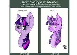 Size: 4093x2894 | Tagged: safe, artist:cluelesstuna, derpibooru import, twilight sparkle, pony, bust, comparison, draw this again, female, mare, portrait, simple background, solo, white background