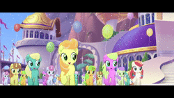 Size: 1280x720 | Tagged: amethyst star, animated, apple family member, apple fritter, background pony, derpibooru import, linky, lyra heartstrings, my little pony: the movie, no sound, safe, screencap, shoeshine, webm