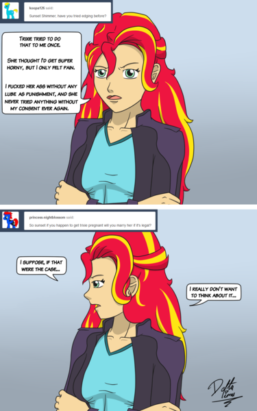 Size: 1000x1600 | Tagged: questionable, artist:deltalima, derpibooru import, sunset shimmer, human, equestria girls, alternate costumes, breasts, creep, dialogue, female, language, lesbian, looking at you, tumblr