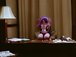 Size: 1024x767 | Tagged: safe, artist:nekokevin, derpibooru import, spike, starlight glimmer, dragon, pony, unicorn, series:nekokevin's glimmy, curtains, cute, irl, lamp, life size, male, not evil, photo, plushie, she's up to something, sitting, size difference, solo, table, toy