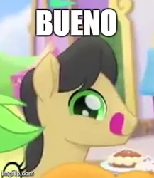 Size: 246x284 | Tagged: safe, derpibooru import, edit, edited screencap, screencap, apple fritter, caramel apple, golden delicious, earth pony, pony, my little pony: the movie, apple family member, background pony, bueno, female, festival of friendship, image macro, licking, licking lips, looking at you, male, mare, meme, reaction image, solo focus, stallion, tongue out