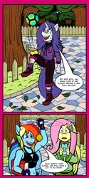 Size: 1500x3000 | Tagged: safe, artist:regularmouseboy, derpibooru import, fluttershy, rainbow dash, rarity, anthro, pegasus, plantigrade anthro, unicorn, alternate hairstyle, armpits, belly button, book, clothes, comic, cutie mark, flat colors, football, hypnosis, hypnotized, leaves, midriff, out of character, park, phone, pocket watch, recording, scared, speech bubble, sweat, sweater, sweatershy, tomboy, tomboy rarity, tree