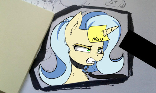 Size: 500x300 | Tagged: suggestive, artist:duop-qoub, artist:post-it, derpibooru import, oc, oc:posty, unofficial characters only, pony, angry, bondage, censor bar, censored, collar, forced, horn impalement, leash, no u, solo, sticky note, traditional art