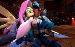 Size: 1024x640 | Tagged: 3d, anthro, archimedes, crossover, derpibooru import, fluttermedic, fluttershy, kissing, medic, medishy, safe, shipping, team fortress 2