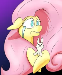 Size: 1668x2000 | Tagged: angel bunny, artist:paleheart-arts, bust, crying, derpibooru import, duo, floppy ears, fluttershy, gradient background, hoof hold, lip bite, looking at something, looking away, safe, teary eyes