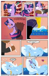 Size: 792x1224 | Tagged: safe, artist:dekomaru, artist:raimundo1941, derpibooru import, trixie, twilight sparkle, oc, pony, comic, female, lesbian, shipping, spanish, twixie