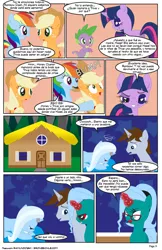 Size: 792x1224 | Tagged: safe, artist:dekomaru, artist:raimundo1941, derpibooru import, applejack, rainbow dash, trixie, twilight sparkle, oc, oc:comet shine, oc:hazel lulamoon, pony, comic, female, spanish