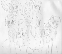 Size: 3934x3393 | Tagged: safe, artist:andandampersand, derpibooru import, oc, oc:aureai, oc:chip, oc:culls toxicity, oc:cyan lightning, oc:dee valerie, unofficial characters only, earth pony, pegasus, pony, unicorn, chest fluff, clothes, colt, female, fluffy, grayscale, male, mare, monochrome, silly, silly pony, stallion, traditional art, wings