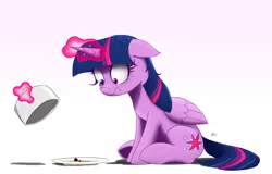 Size: 2300x1475 | Tagged: safe, artist:j24262756, derpibooru import, twilight sparkle, twilight sparkle (alicorn), alicorn, pony, atg 2017, cake, female, floppy ears, food, levitation, magic, mare, newbie artist training grounds, scrunchy face, simple background, telekinesis