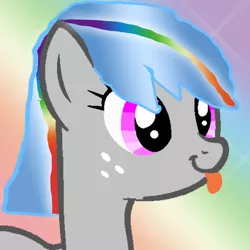 Size: 1024x1024 | Tagged: safe, derpibooru import, oc, oc:rainbow streak, unofficial characters only, pegasus, pony, 1000 hours in ms paint, femboy, freckles, gay pride, gradient background, gradient mane, happy, lgbt, male, ms paint, pink eyes, pride, rainbow background, rainbow hair, single, solo, sparkles, tongue out