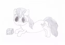 Size: 2048x1420 | Tagged: safe, artist:ragmo, derpibooru import, oc, unofficial characters only, pony, unicorn, atg 2017, box, curious, female, monochrome, newbie artist training grounds, solo, traditional art