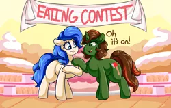 Size: 2863x1810 | Tagged: safe, artist:graphenescloset, derpibooru import, oc, oc:brushfire, oc:iselia, unofficial characters only, pony, chubby, eating contest, female