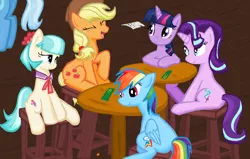 Size: 1278x812 | Tagged: safe, artist:sallycars, derpibooru import, applejack, coco pommel, rainbow dash, starlight glimmer, trixie, twilight sparkle, alicorn, earth pony, pegasus, pony, unicorn, female, happy, laughing, mare, ms paint, sitting, table