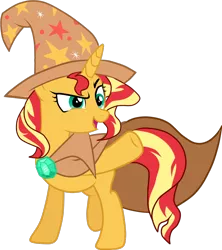 Size: 1024x1155 | Tagged: safe, artist:marian9, derpibooru import, sunset shimmer, pony, unicorn, accessory swap, alternate universe, boasting, cape, clothes, female, hat, mare, pointing, simple background, solo, the great and powerful, transparent background, vector