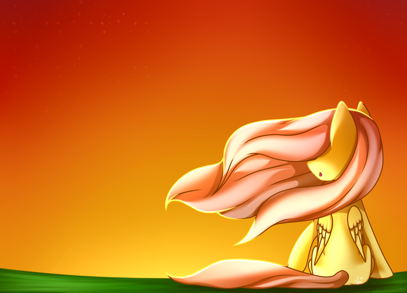 Size: 2360x1700 | Tagged: safe, artist:ladyunilove, derpibooru import, fluttershy, pony, folded wings, hair over eyes, head turn, looking away, open mouth, rear view, sitting, solo, sunrise, sunset, windswept mane