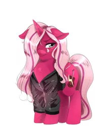 Size: 2344x3125 | Tagged: safe, artist:mrscurlystyles, derpibooru import, oc, oc:pynk hyde, unofficial characters only, pony, unicorn, clothes, commission, cute, female, floppy ears, guitaristpone, hair over one eye, hater, jacket, mare, pink coat, rocker, simple background