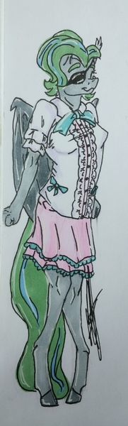 Size: 1199x3982 | Tagged: safe, artist:rimmi1357, derpibooru import, oc, oc:icy mint, unofficial characters only, anthro, bat pony, blouse, bow, clothes, eyepatch, simple background, skirt, solo, traditional art, white background