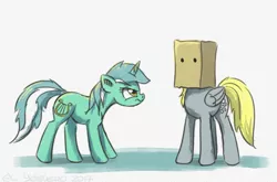 Size: 859x568 | Tagged: safe, artist:el-yeguero, derpibooru import, derpy hooves, lyra heartstrings, pegasus, pony, unicorn, abstract background, bag on head, disguise, duo, female, hidden, mare, paper bag, paper-thin disguise, suspicious