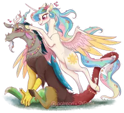 Size: 1280x1168 | Tagged: safe, artist:stepandy, derpibooru import, discord, princess celestia, alicorn, draconequus, pony, :p, blushing, cloven hooves, colored wings, colored wingtips, dislestia, female, floral head wreath, flower, flower in hair, male, mare, one eye closed, patreon, patreon logo, shipping, signature, sitting, spread wings, straight, tongue out, unshorn fetlocks, wings, wink