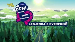 Size: 1024x576 | Tagged: safe, derpibooru import, official, screencap, equestria girls, legend of everfree, albanian, bang bang, cloud, dubbing, logo, my little pony logo, road, sun, tree