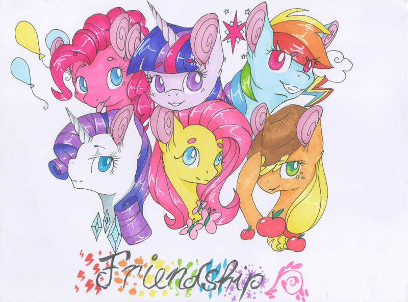 Size: 4468x3308 | Tagged: safe, artist:emypony, derpibooru import, applejack, fluttershy, pinkie pie, rainbow dash, rarity, twilight sparkle, twilight sparkle (alicorn), alicorn, butterfly, earth pony, pegasus, pony, unicorn, apple, balloon, cowboy hat, crystal, female, food, friendship, hat, mane six, mare, marker drawing, simple background, traditional art, white background