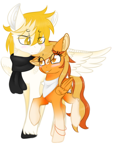 Size: 1282x1639 | Tagged: safe, artist:emypony, derpibooru import, oc, oc:serenity, oc:white feather, unofficial characters only, pegasus, pony, clothes, couple, cute, scarf, serenither