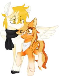 Size: 1282x1639 | Tagged: safe, artist:emypony, derpibooru import, oc, oc:serenity, oc:white feather, unofficial characters only, pegasus, pony, clothes, couple, cute, scarf, serenither