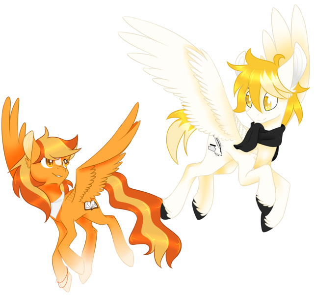 Size: 3500x3259 | Tagged: safe, artist:emypony, derpibooru import, oc, oc:serenity, oc:white feather, unofficial characters only, pegasus, pony, clothes, couple, female, flying, male, mare, scarf, serenither, stallion