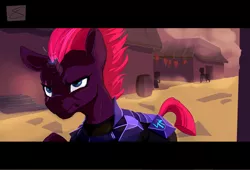 Size: 2000x1360 | Tagged: safe, artist:fizzlesoda2000, derpibooru import, tempest shadow, pony, unicorn, my little pony: the movie, armor, broken horn, building, commander, eye scar, female, horn, mare, scar, scenery, solo, sparking horn