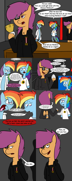 Size: 2560x6395 | Tagged: safe, artist:7thdementia, derpibooru import, rainbow dash, scootaloo, pony, ask factory scootaloo, fanfic:rainbow factory, clothes, comic, eyepatch, factory scootaloo, goblet, lab coat, offscreen character, rainbow factory dash, serious rainbow, vulgar