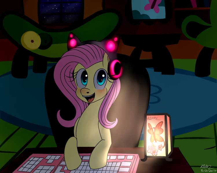 Size: 1800x1440 | Tagged: safe, artist:lamentedmusings, derpibooru import, fluttershy, pegasus, pony, computer, fluttershy plays, headphones, keyboard, looking at you, smiling, solo, vanna melon, vannamelon