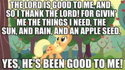 Size: 1280x720 | Tagged: safe, derpibooru import, applejack, pony, apple tree, disney, god, grateful, image macro, johnny appleseed, melody time, meme, praise, religion, song reference, tree