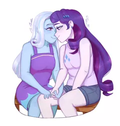 Size: 900x941 | Tagged: safe, artist:catgomez, derpibooru import, rarity, trixie, equestria girls, clothes, commission, cute, dress, female, holding hands, lesbian, looking at each other, rarixie, shipping, shirt, shorts, simple background, smiling