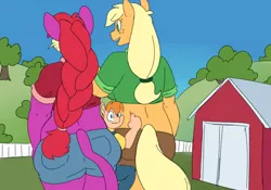 Size: 1000x700 | Tagged: safe, artist:goat train, deleted from derpibooru, derpibooru import, applejack, oc, oc:butter nut, oc:pamela, anthro, earth pony, rattata, anthro oc, applebutt, ass, barn, commission, crossover, giantess, giant pony, macro, male, non-mlp oc, outdoors, pokémon, size difference, sky, smiling, the ass was fat, tree, wide hips