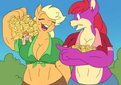 Size: 1000x700 | Tagged: suggestive, artist:goat train, deleted from derpibooru, derpibooru import, applejack, oc, anthro, earth pony, rattata, abs, anthro oc, applejacked, big breasts, breasts, busty applejack, cleavage, commission, crossover, front knot midriff, giantess, giant pony, hay bale, macro, male, midriff, muscles, outdoors, pokémon, size difference, sky, smiling, stallion, tree