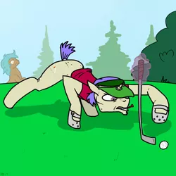 Size: 1200x1200 | Tagged: suggestive, artist:pony quarantine, derpibooru import, oc, unofficial characters only, pony, clothes, disgusted, golf, golf ball, golf club, golf tee, magic, male, mouth hold, nose wrinkle, shoes, short tail, stallion, telekinesis, visor