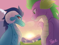 Size: 859x658 | Tagged: safe, artist:tamersworld, derpibooru import, princess ember, spike, dragon, dragoness, emberspike, female, male, mountain, older, older spike, shipping, smiling, straight, sunset, winged spike