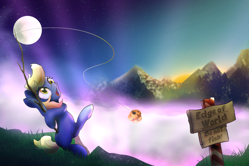 Size: 1200x800 | Tagged: safe, artist:klemm, derpibooru import, derpy hooves, pony, atg 2017, cliff, edge, fishing, fishing rod, moon, newbie artist training grounds, sign, solo, sun