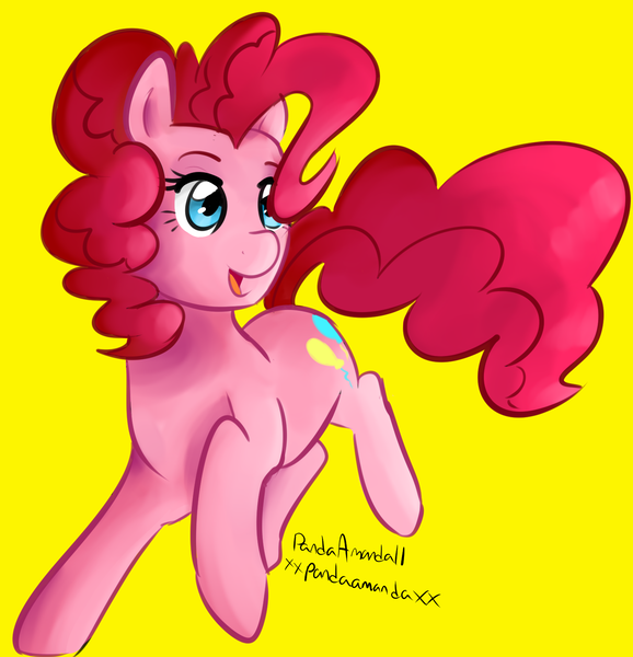 Size: 1504x1560 | Tagged: safe, artist:pandaamanda11, derpibooru import, pinkie pie, pony, signature, simple background, solo, yellow background