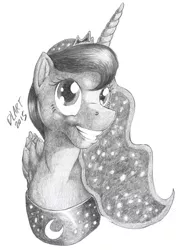 Size: 453x625 | Tagged: safe, artist:stallionslaughter, derpibooru import, princess luna, alicorn, pony, bust, female, grayscale, mare, monochrome, pencil drawing, simple background, solo, traditional art, white background