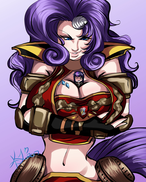 Size: 4000x5000 | Tagged: absurd resolution, armor, arm under breasts, artist:maximumimpulse, belly button, between breasts, big breasts, boobie mark, breasts, busty rarity, crossover, derpibooru import, female, giantess, horned humanization, human, humanized, lesbian, macro, micro, rarilight, rarity, reaver titan, shipping, shrunk, size difference, smiling, suggestive, tailed humanization, titan, twilight sparkle, unconvincing armor, warhammer 40k, warhammer (game)