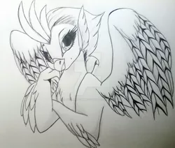 Size: 1024x870 | Tagged: artist:evergreen-gemdust, classical hippogriff, derpibooru import, hippogriff, lidded eyes, monochrome, my little pony: the movie, safe, solo, spread wings, traditional art, watermark, wings