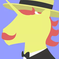 Size: 920x920 | Tagged: safe, artist:needthistool, derpibooru import, flam, pony, unicorn, bowtie, bust, hat, horn, lineless, male, minimalist, modern art, portal, portrait, profile, silhouette, simple background, smiling, solo, stallion