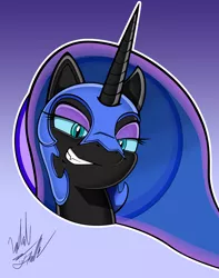 Size: 1026x1300 | Tagged: safe, artist:fuzon-s, derpibooru import, nightmare moon, alicorn, pony, the cutie re-mark, alternate timeline, bust, grin, nightmare takeover timeline, now that's something i would like to see, pony channel, portrait, scene interpretation, signature, smiling, smirk, solo, style emulation, yuji uekawa style