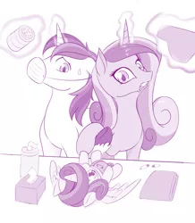 Size: 872x1000 | Tagged: safe, artist:dstears, derpibooru import, princess cadance, princess flurry heart, shining armor, alicorn, pony, unicorn, baby, baby pony, baby powder, baby wipes, cloth diaper, diaper, diaper change, face mask, female, foal powder, foal wipes, hesitant, holding hooves, magic, male, mare, monochrome, nervous, newbie artist training grounds, safety pin, stallion, sweat, telekinesis