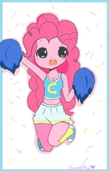 Size: 972x1520 | Tagged: safe, artist:chametzkiwi, derpibooru import, pinkie pie, equestria girls, cheerleader, clothes, cute, diapinkes, midriff, moe, pom pom, shoes, skirt, sneakers, socks, solo, wondercolts