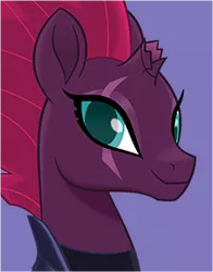 Size: 218x278 | Tagged: safe, derpibooru import, official, tempest shadow, pony, unicorn, my little pony: the movie, broken horn, bust, cute, eye scar, looking at you, portrait, pretty, pretty pony, pretty pretty tempest, scar, simple background, smiling, solo, tempestbetes, when she smiles